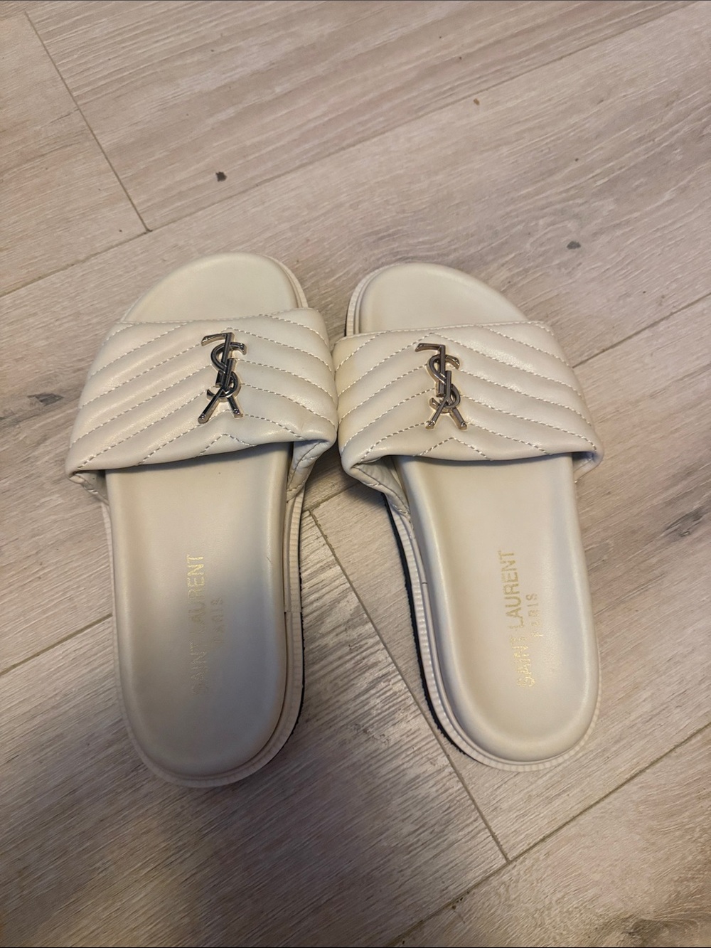 Saint Laurent Cream Quilted Slide Sandals with Gold YSL Logo